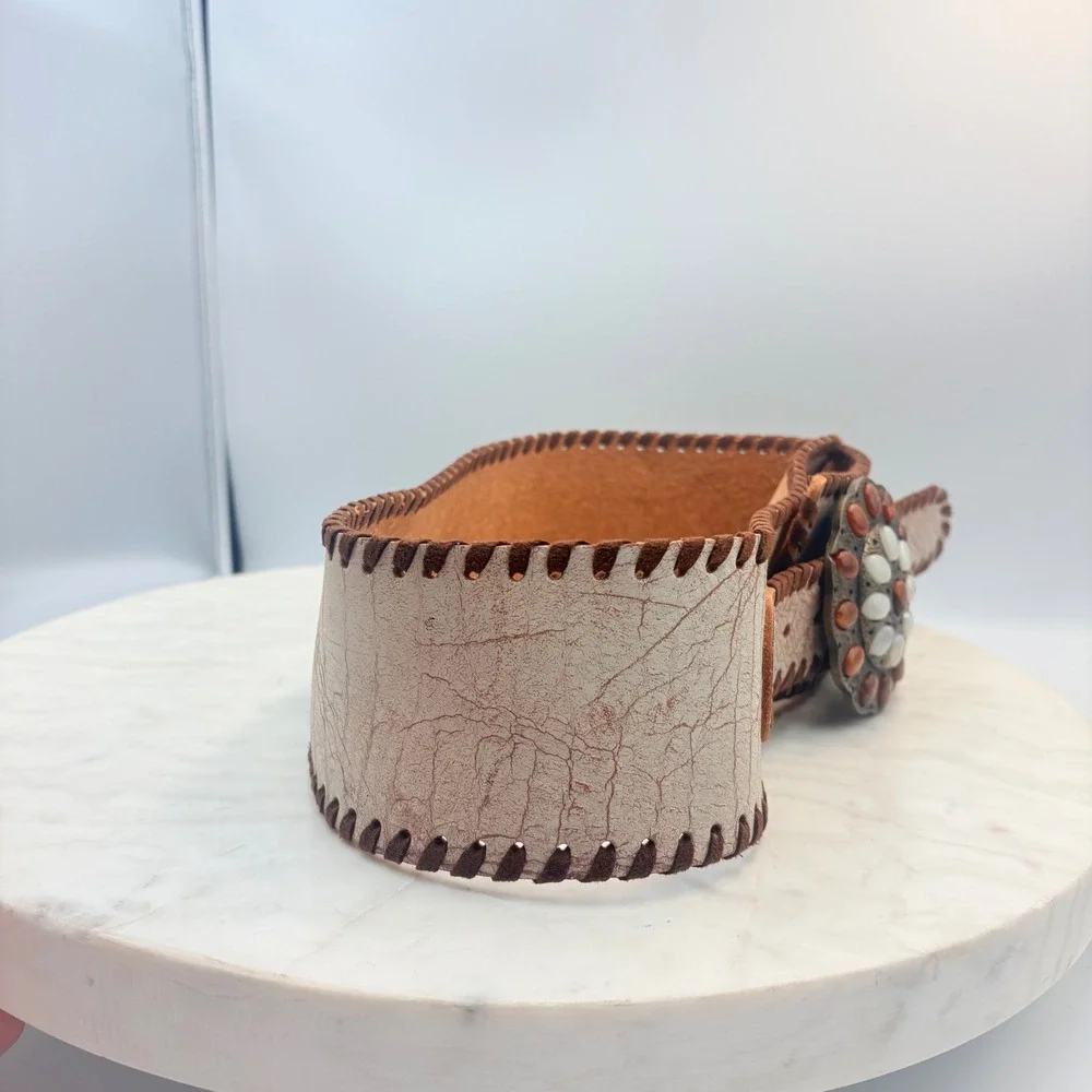 VTG Streets Ahead Wester Wide Waist Belt Women S Cream Leather Whipstitch Stones